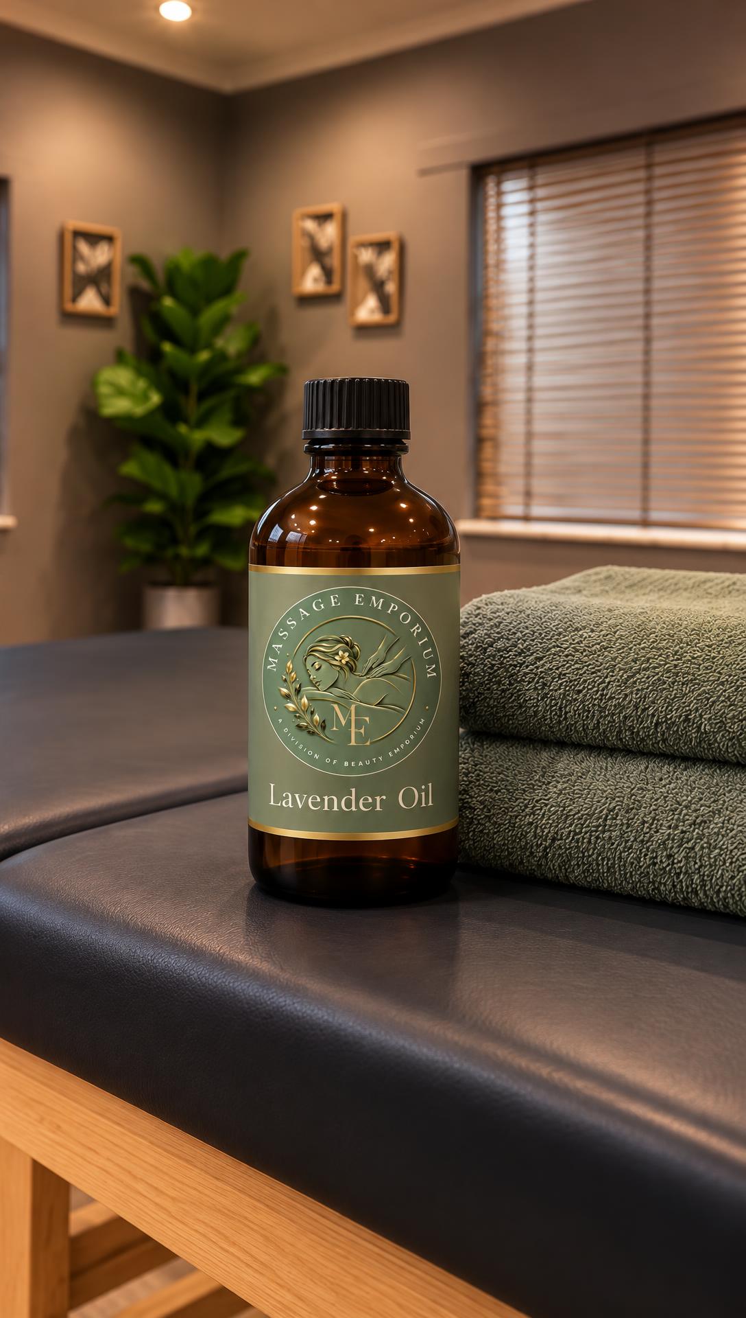 AI-created Lavender Oil bottle with the Massage Emporium branded sage label