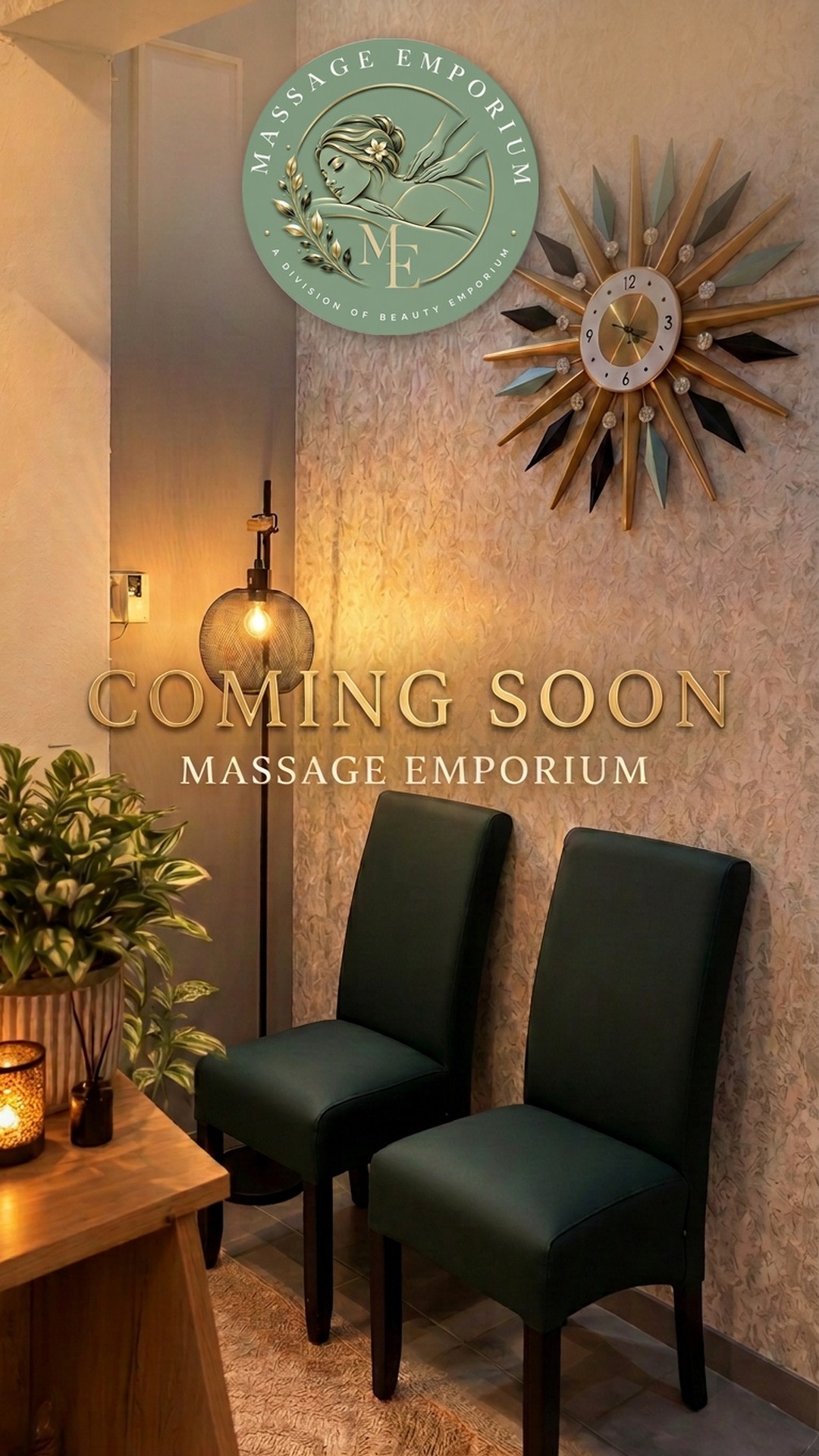 Massage Emporium Coming Soon story featuring the lounge and authentic logo