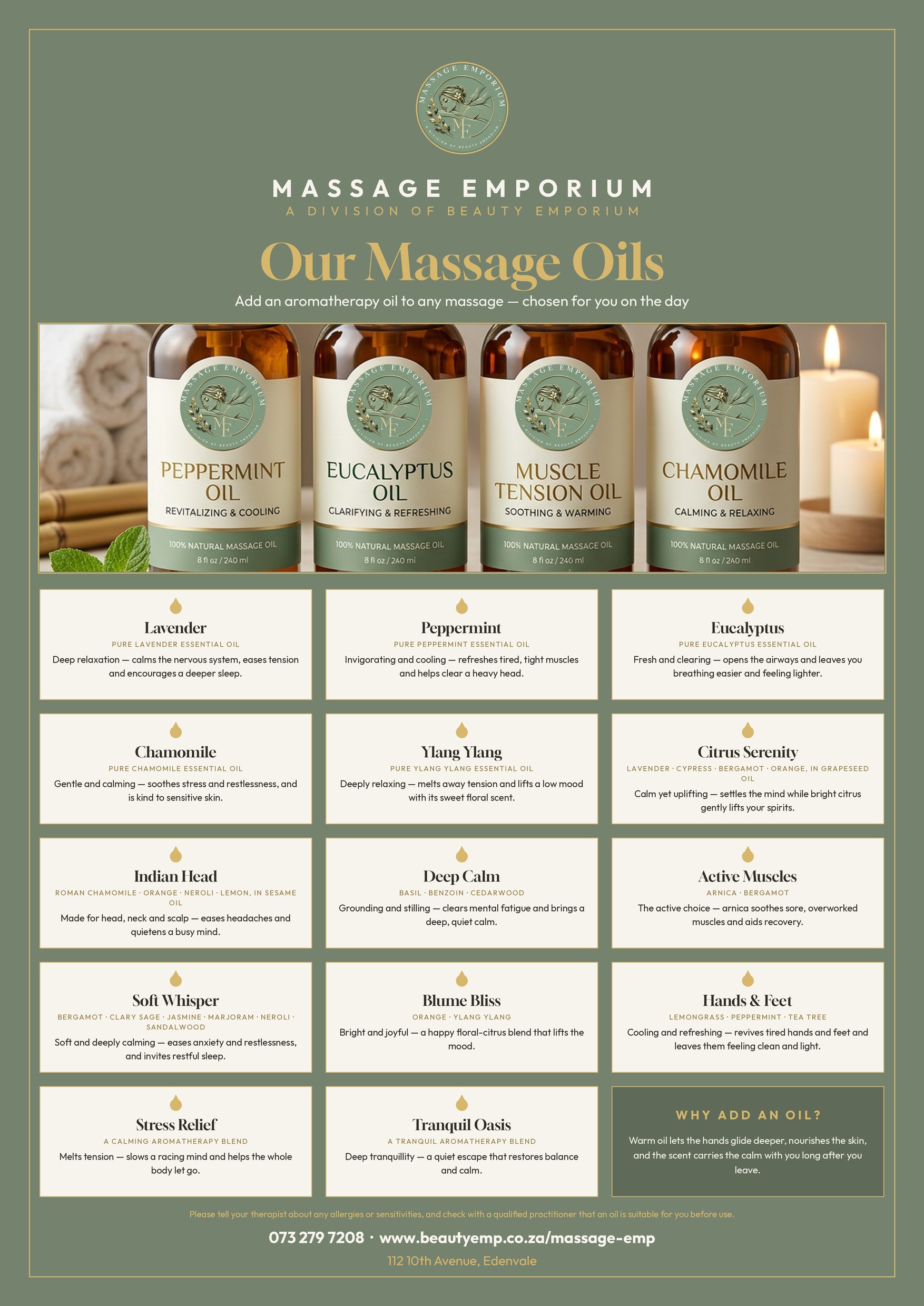 Massage Emporium oils poster listing 14 massage oils and their benefits