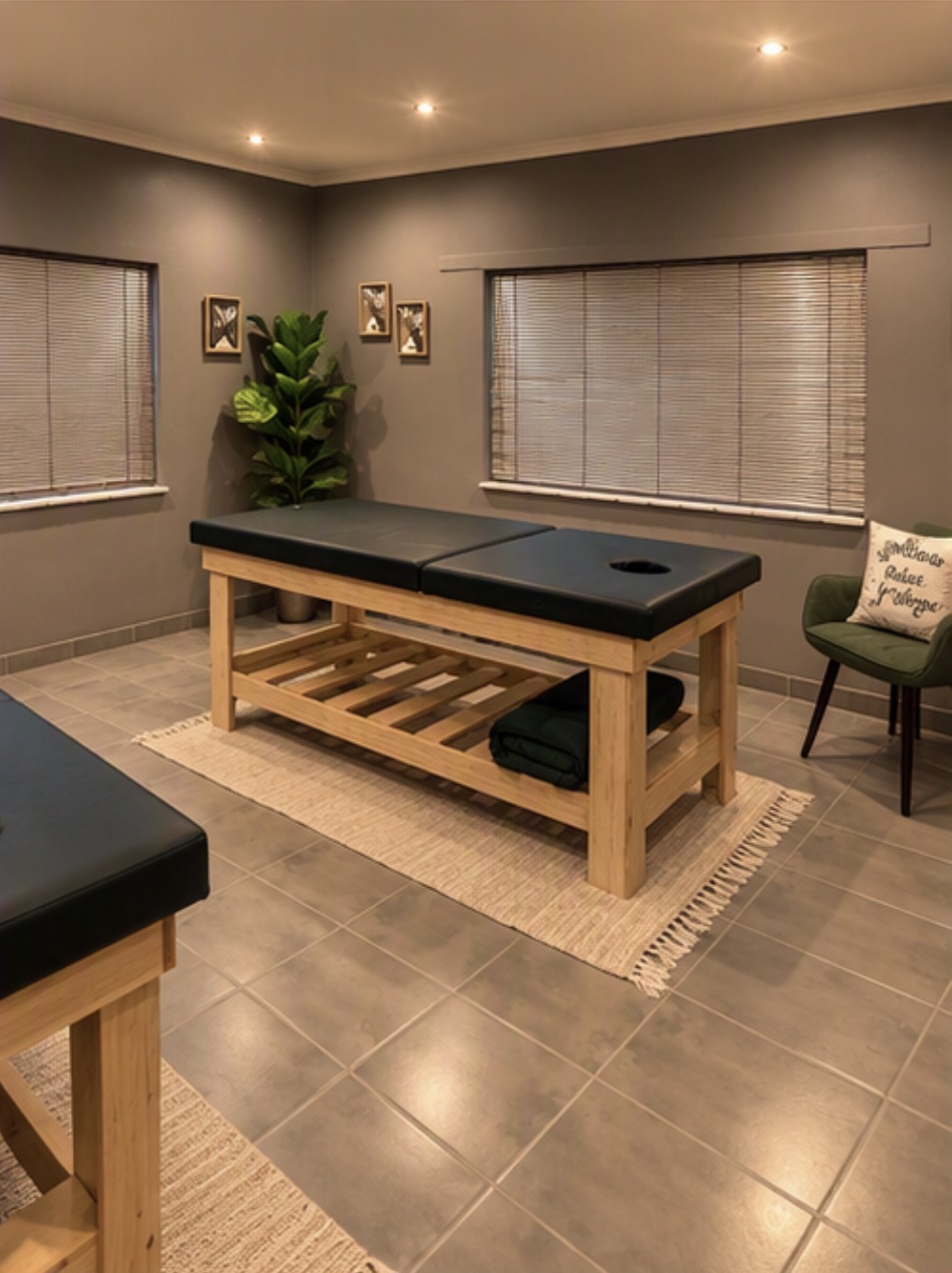 Massage table in a private room with blinds and wooden furniture