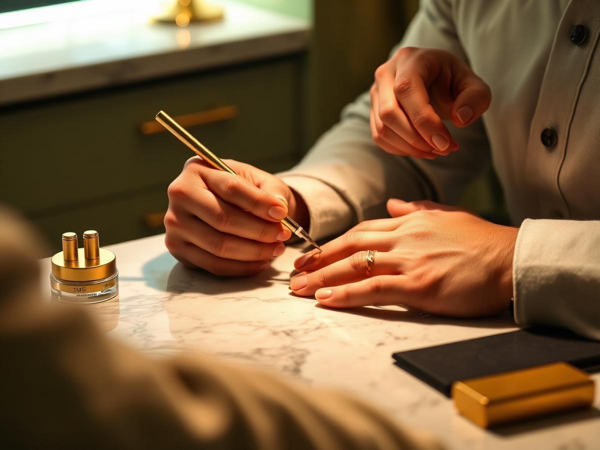 Men's manicure being performed on a marble table at Beauty Emporium